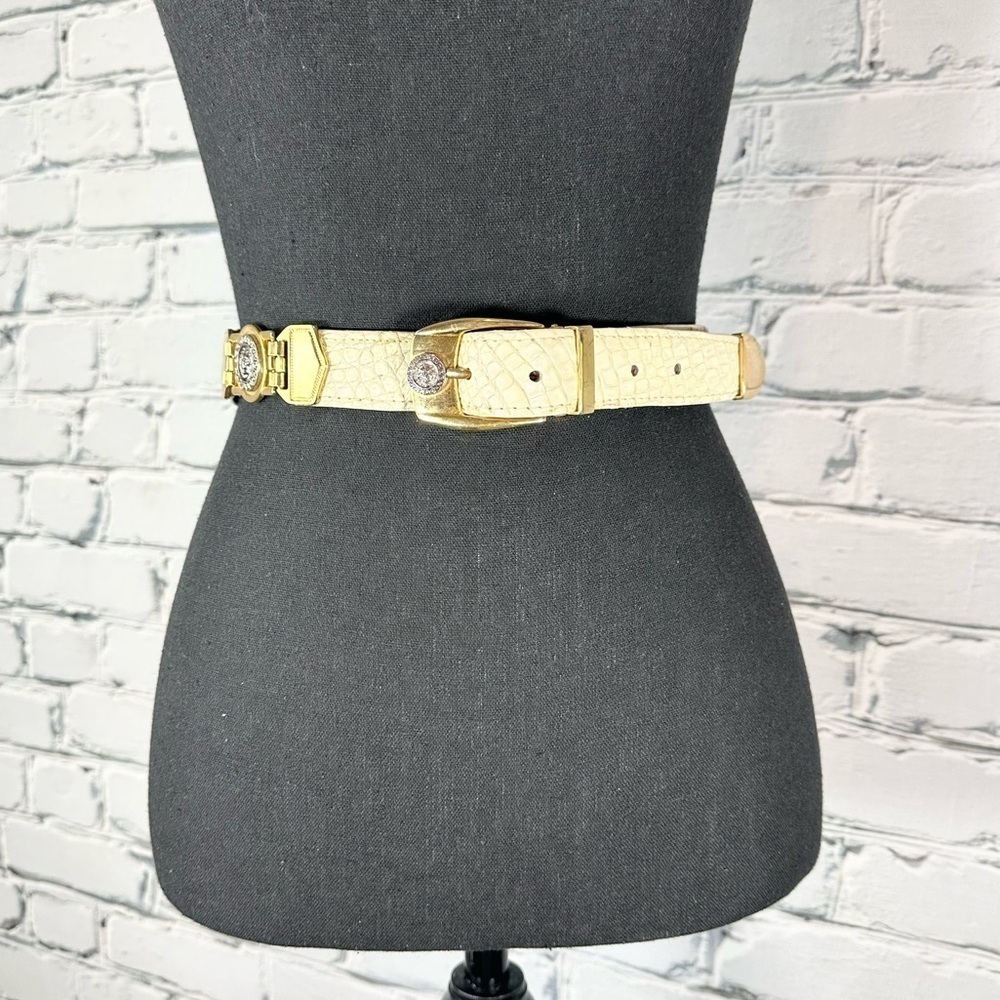 Vintage El General Genuine Caiman Skin Belt Cream Gold Metal Lion Western 40